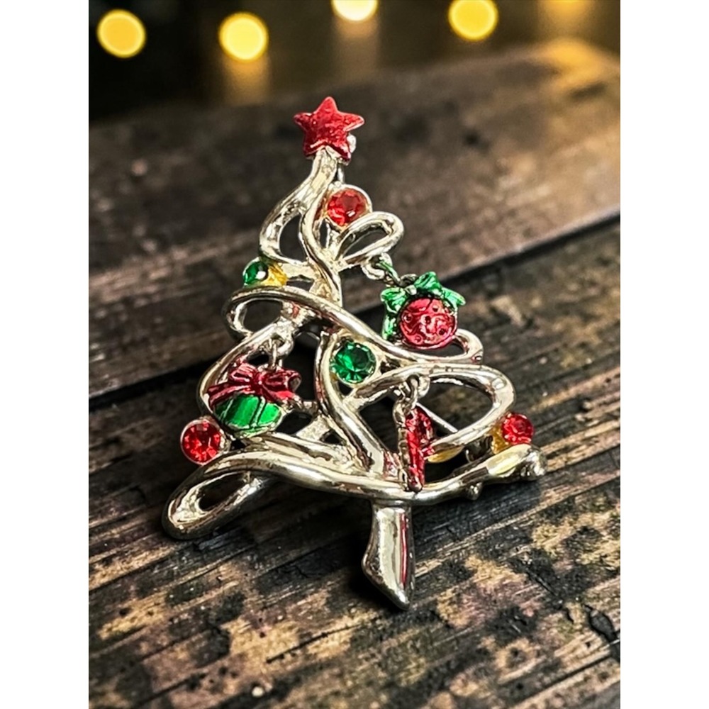 Christmas Tree Brooch Silver Tone Red Green Rhinestone